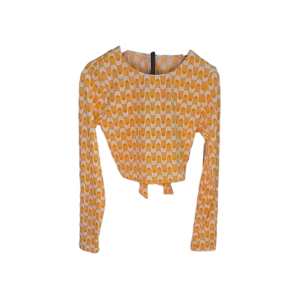 NWT Hurley Jacquard Crop Top XL Geometric Long Sleeve Open Back Tie Yellow/White